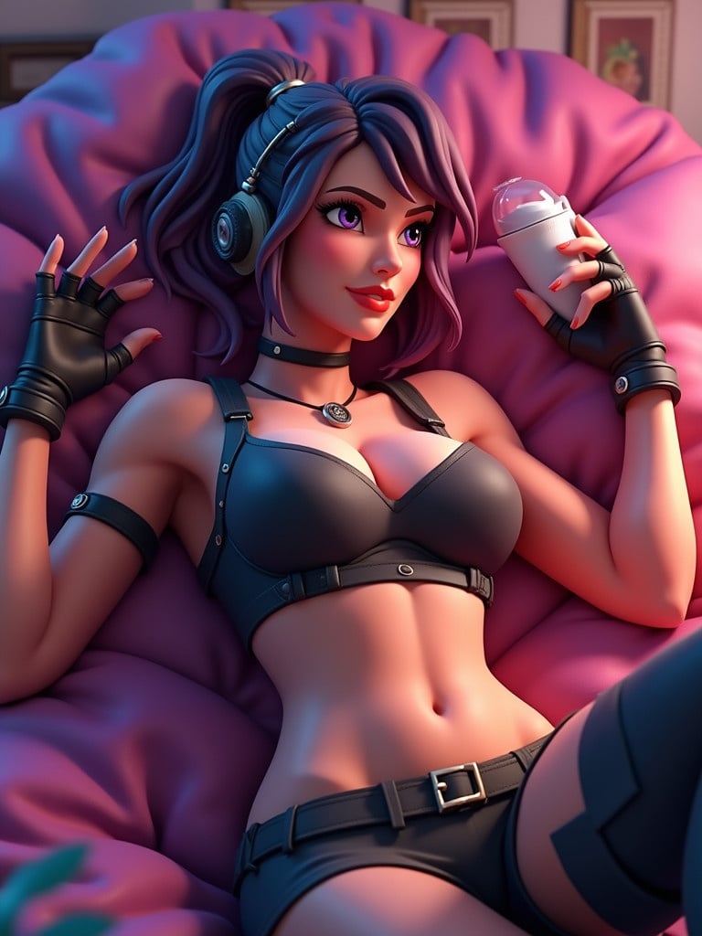 Stylized female character from Fortnite lying down in a modern gaming environment. She has a confident pose and stylish outfit. Soft ambient lighting emphasizes her features and the relaxed atmosphere.