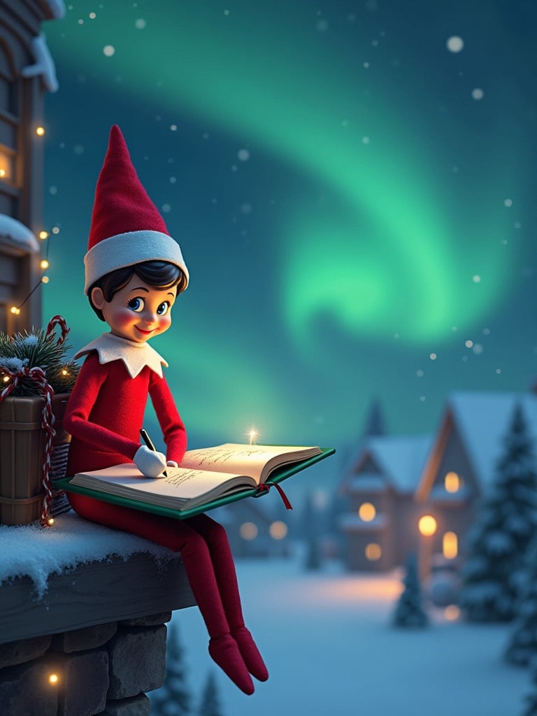 Elf is sitting on the edge of a snowy ledge with a book. The elf is dressed in a red outfit with a white collar and hat. Cold winter scenery in background features northern lights and cozy houses. Elf writes a note for Cece and Seb. Snow covers the ground and trees.