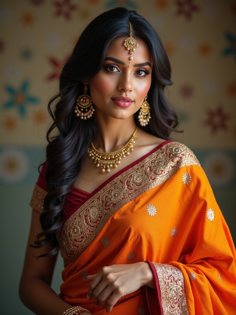 A beautiful Indian woman wears a bright orange saree with intricate embroidery. She accessorizes with traditional jewelry. The background features soft colors with floral patterns.