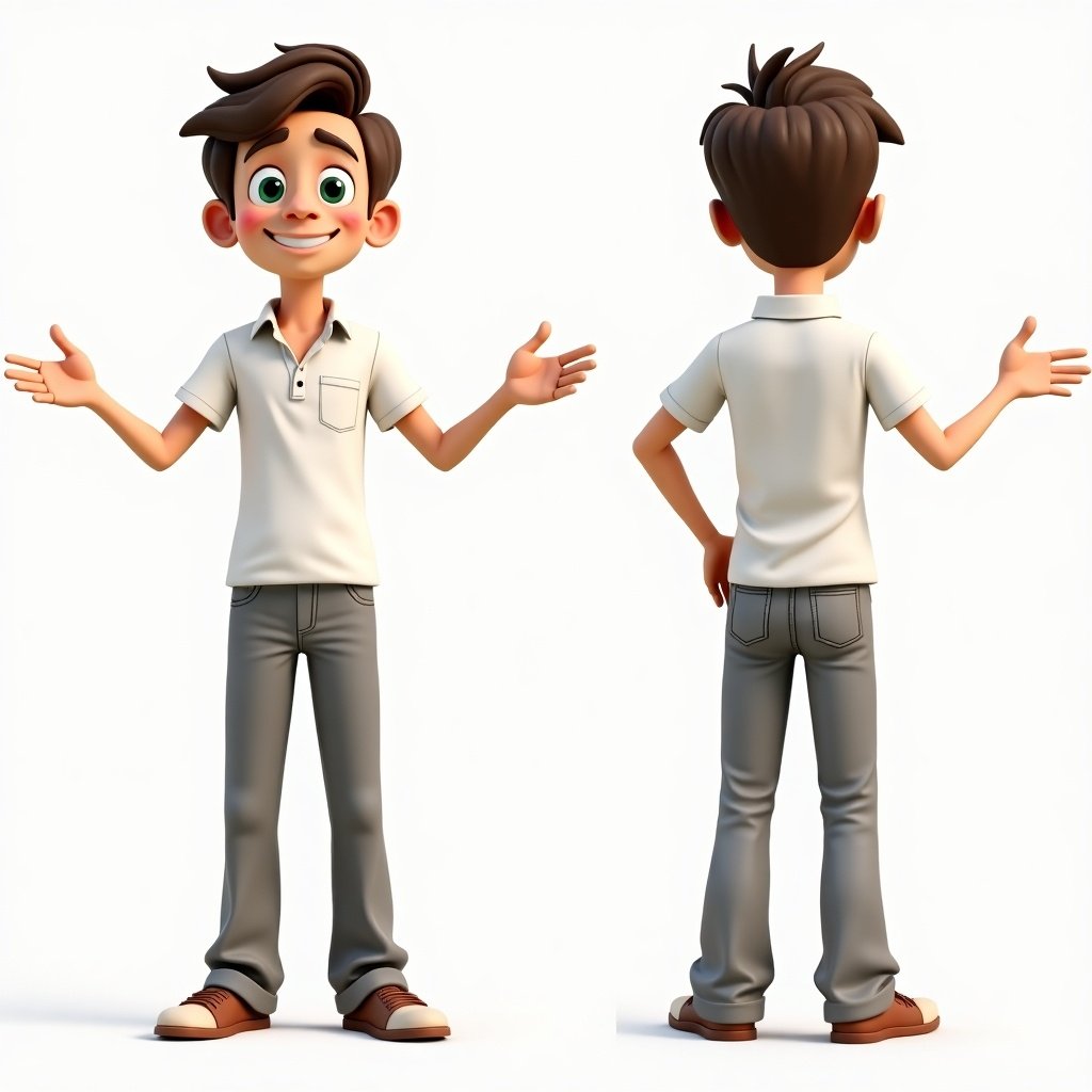 Male cartoon character in T-pose. Front and side views. Character has brown hair, green eyes, white shirt, gray linen pants. Appears mid 30s in stylized 3D animation style.