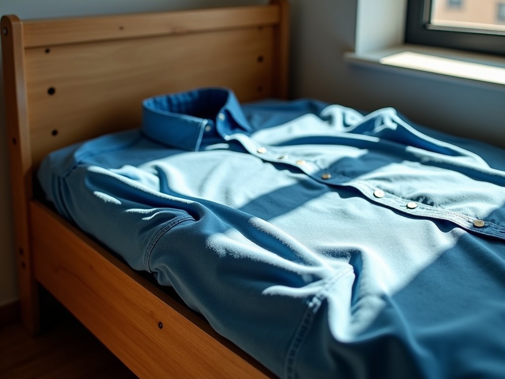 This image features a blue shirt laid flat on a wooden single bed. The shirt is well-pressed, highlighting its color and fabric texture. Natural sunlight pours in from the window, creating soft shadows on the shirt and the bed. The wooden bed frame adds a warm contrast to the cool tone of the shirt. This arrangement suggests a cozy and casual living space.