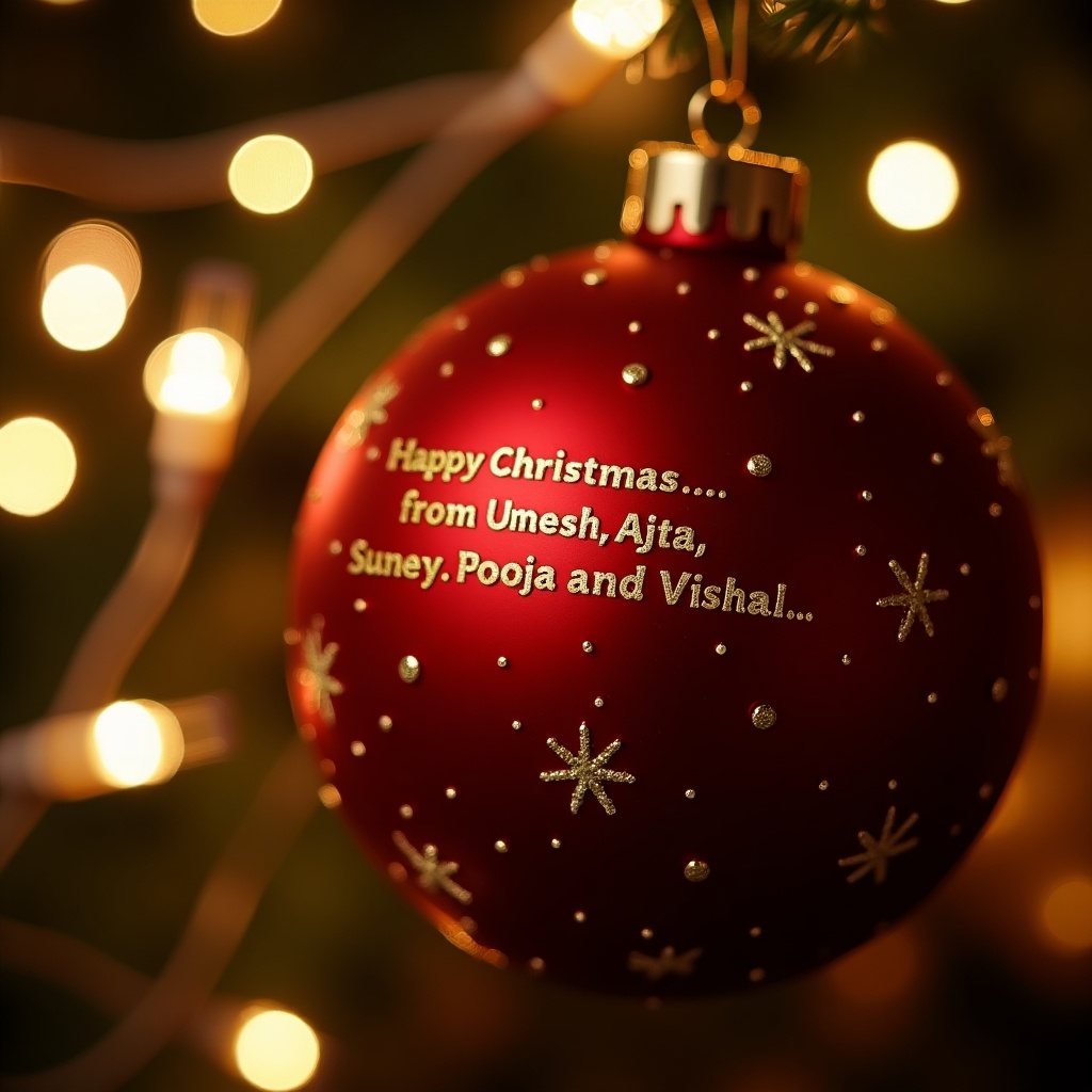 Close-up of a red Christmas bauble with a festive message. Twinkling lights are in the background creating a magical ambiance. Suitable for holiday celebrations.