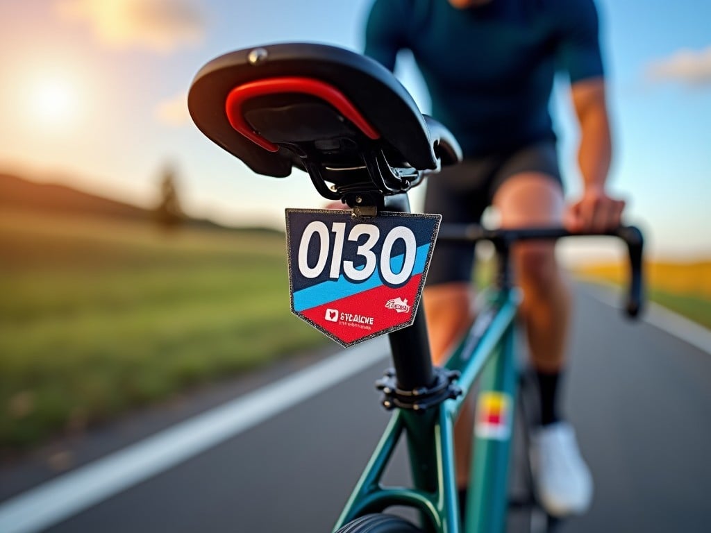 A professional image showcasing a competitor number fixed to the seat tube of a bicycle. This number is specifically designed for a cycling championship, featuring a bold design and bright colors. The setting is a picturesque cycling route, illuminated by warm sunlight during sunset. A cyclist is in motion in the background, emphasizing the competitive nature of the scene. The focus is on the number, making it clear and visible, representing the spirit of the event.