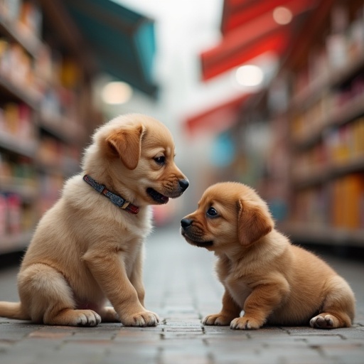 Two adorable puppies sitting in a market aisle. One puppy appears to have had a little accident. The other puppy looks sad. Colorful market shelves are in the background.