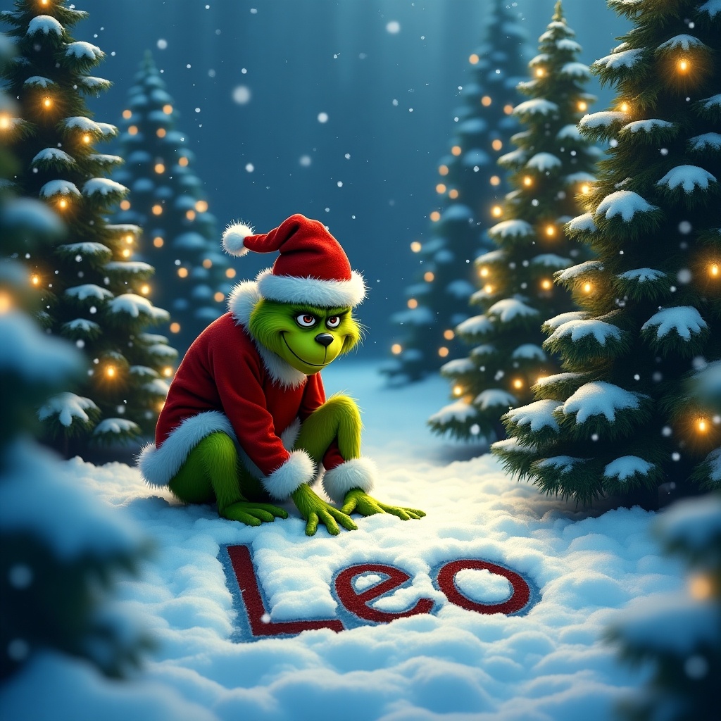 The Grinch is outdoor during winter. Snow covers the ground. Christmas trees with lights are around him. He is writing Leo in the snow.