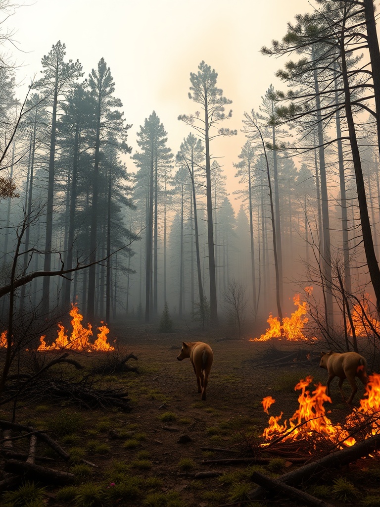 A forest with scattered fires and two dogs walking through it.