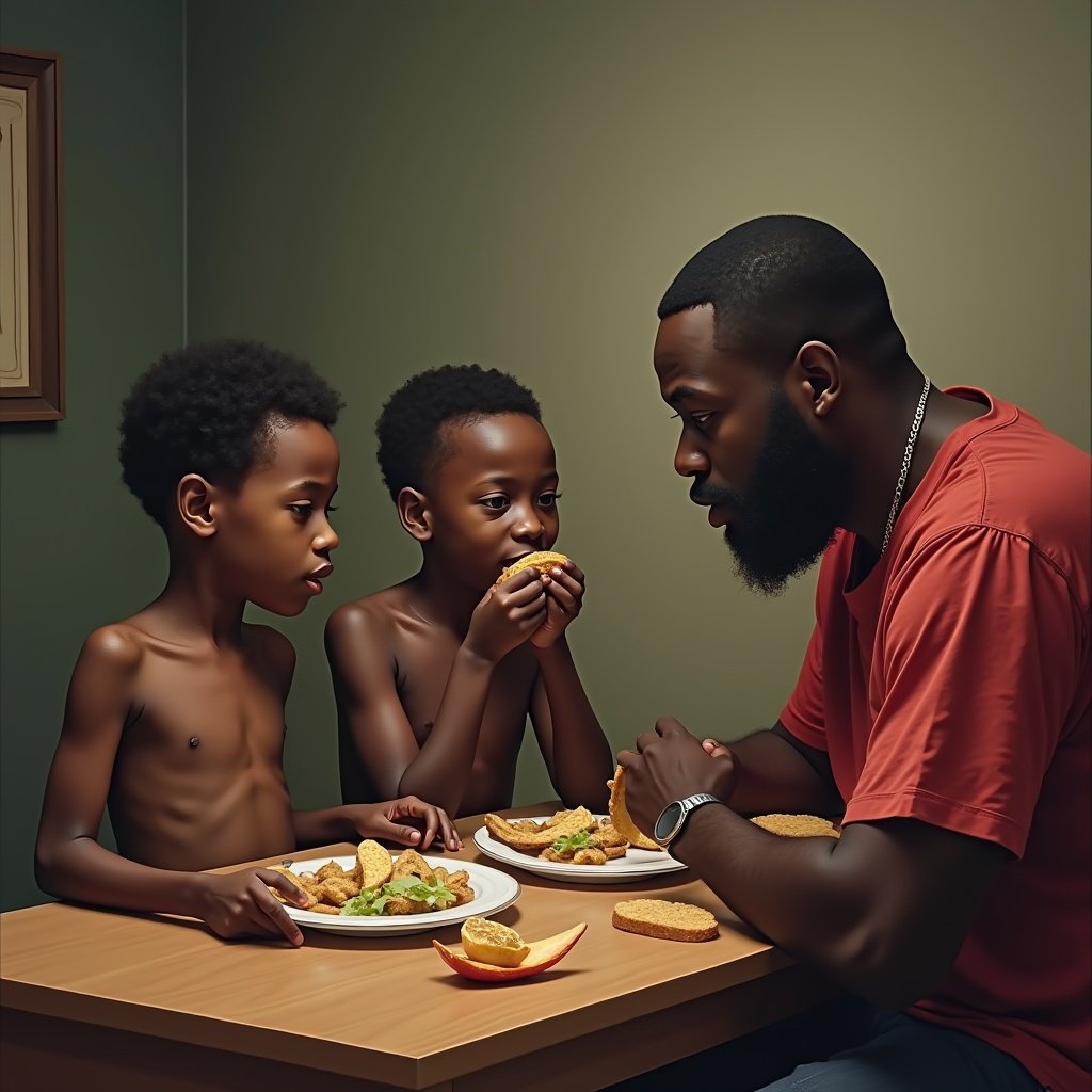 Image depicts two skinny black boys gazing at a man eating in front of them at a table. The boys are holding plates of food. The man is focused on his meal.