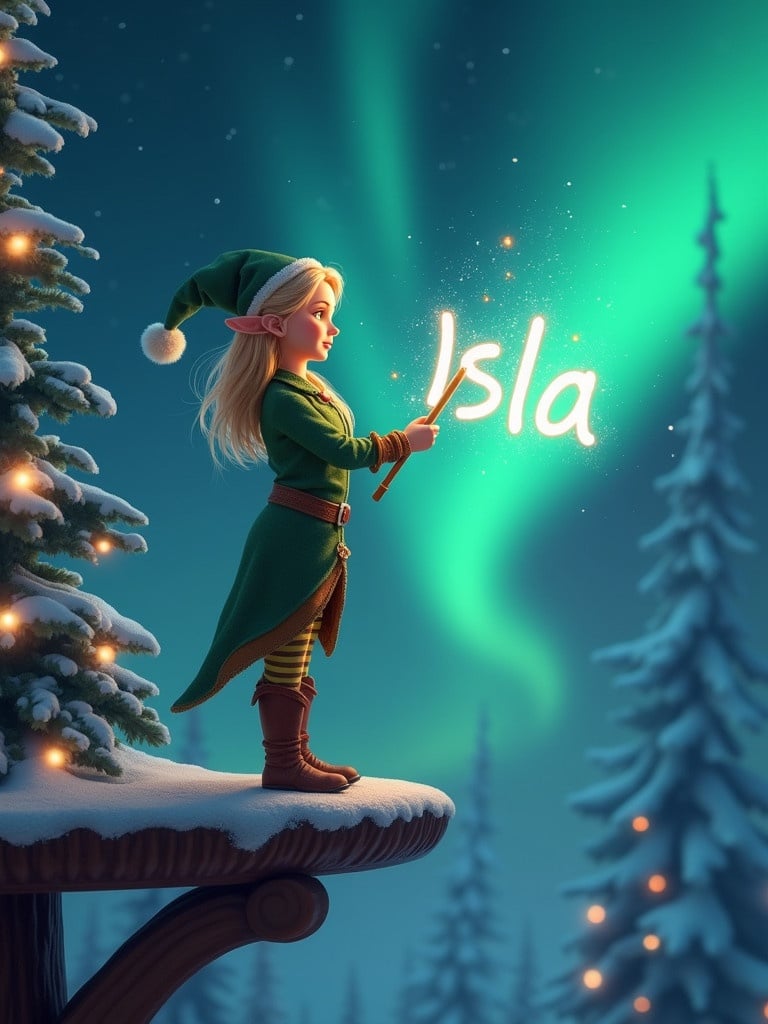 Female elf named Isla stands in a snowy landscape. Elf wears a green outfit and holds a magical wand. She writes the name 'Isla' in the dark sky. Beautiful northern lights glow in the background.