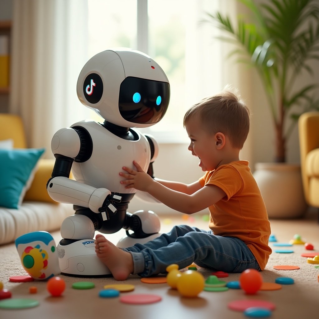 A robot babysitter interacts with a child during playtime. The robot is designed to resemble friendly technology. The child appears involved and curious, sitting on the floor surrounded by colorful toys.