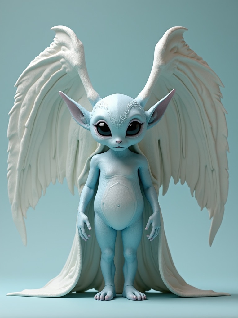 Elven figure with pale blue skin. Character has big black eyes. Figure has massive white wings. Present in a soft light background. Standing confidently.