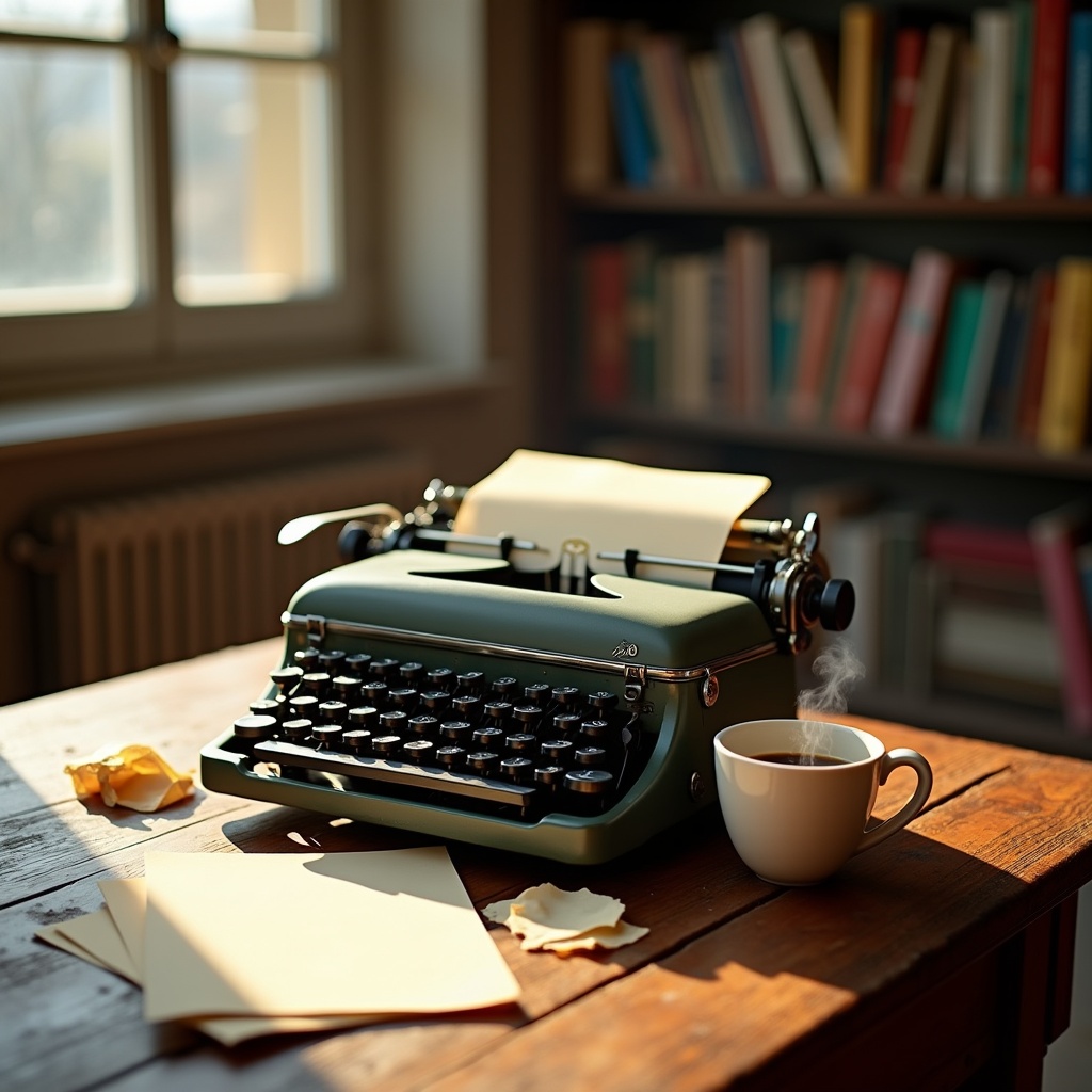 Vintage typewriter on a wooden desk with coffee cup and blank papers. Sunlight enters through the window. Bookshelves in the background.