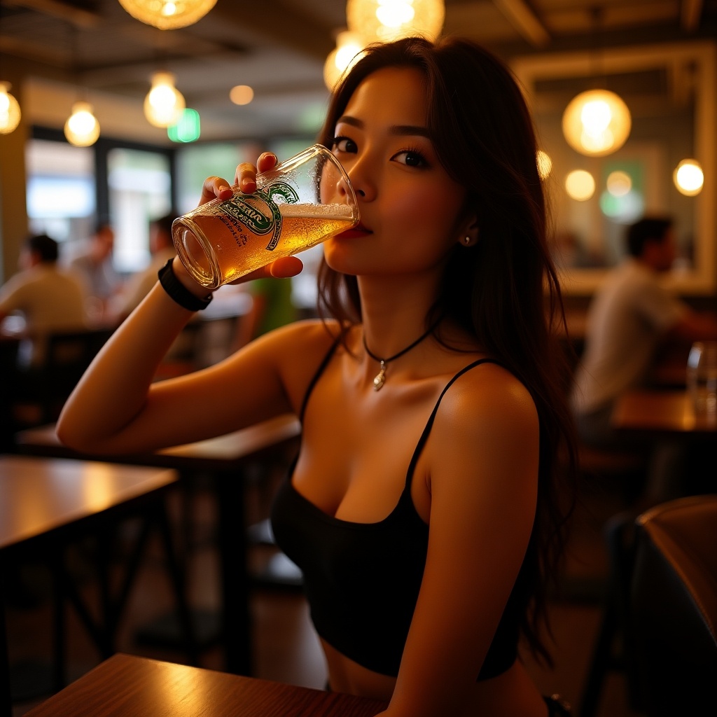 A stunning Asian woman is drinking Carlsberg beer in a cozy bar environment. She has a slender body and strikes a graceful pose while looking directly at the viewer. The lighting in the scene is complex, creating a warm and inviting atmosphere. The image captures the essence of a leisurely moment shared over a drink. It's a vibrant representation of social interactions in a stylish setting.