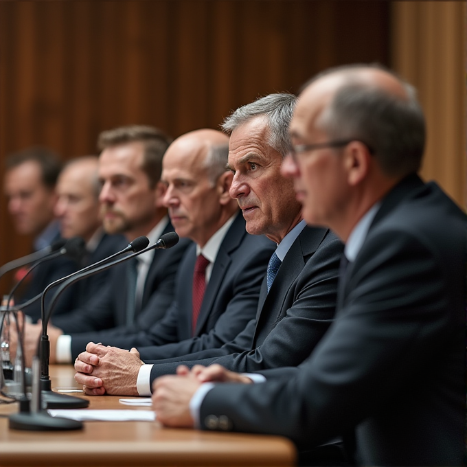 A group of suited men sit in a row at a conference table, each speaking into individual microphones, in a formal setting.