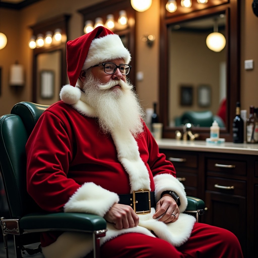 Santa Claus sitting in a barber shop. Decorated with festive elements. Traditional barber setting with warm lighting.