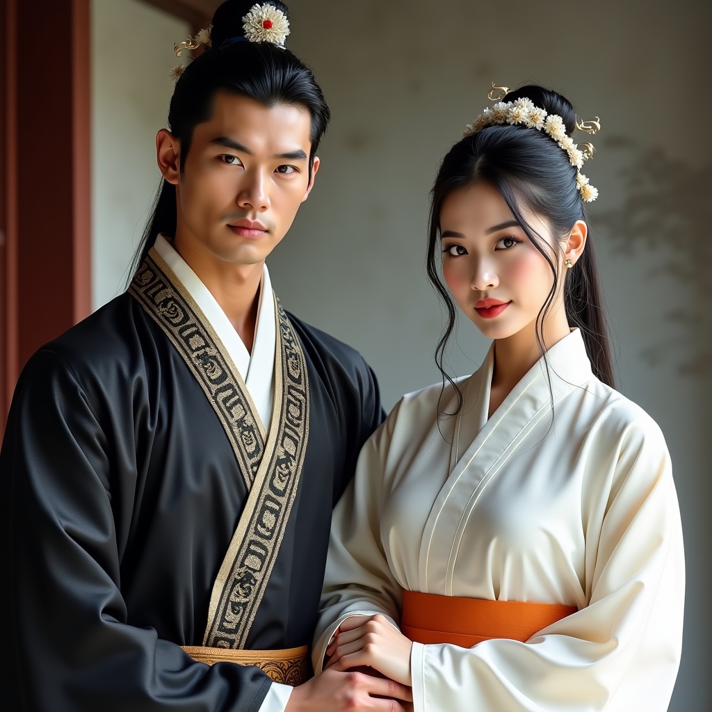 Image depicts two individuals in traditional East Asian clothing. Male figure in dark ornate robe with intricate designs. He has a poised expression. Female figure in white robe with orange sash. She has hands together and displays grace. Backdrop suggests ancient architecture.