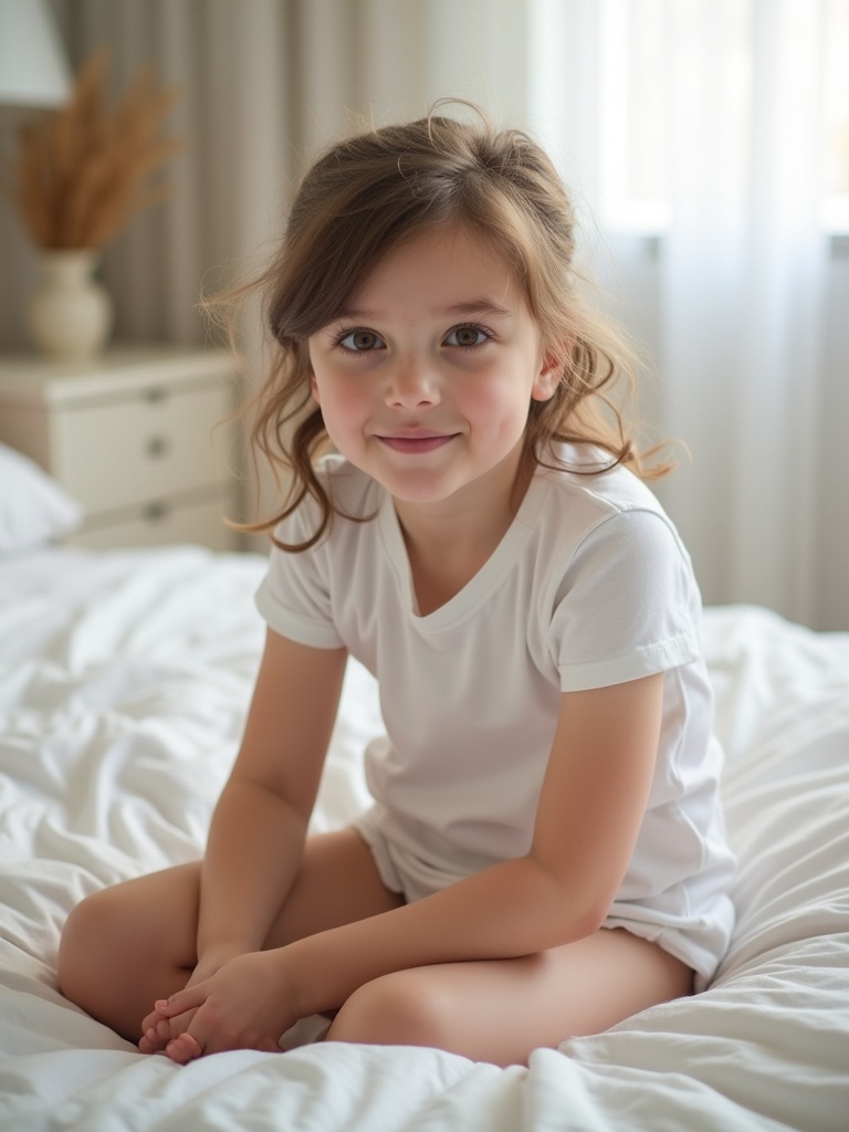 A girl sits cross-legged on a bed wearing a diaper and white t-shirt. The setting features white bed sheets. The atmosphere of the room is warm and inviting. Natural light gently fills the room.