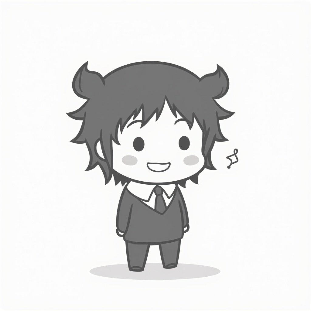 Simple black and white chibi character in cute style. Character has round head, small body, and cheerful expression. Has been hit by a kick.