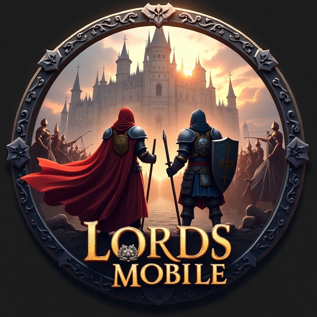 A fantasy game badge design featuring characters from the popular mobile game Lords Mobile. The badge includes the Oath Keeper and Rose Knight, two prominent heroes from the game. The background showcases a grand castle under siege by enemies, including ranged attackers and archers. The lighting is dramatic, highlighting the heroic figures and the epic setting. The design should adhere to specified dimensions for production purposes, ensuring visibility and clarity within the required size. The color mode should be CMYK, suitable for printing.