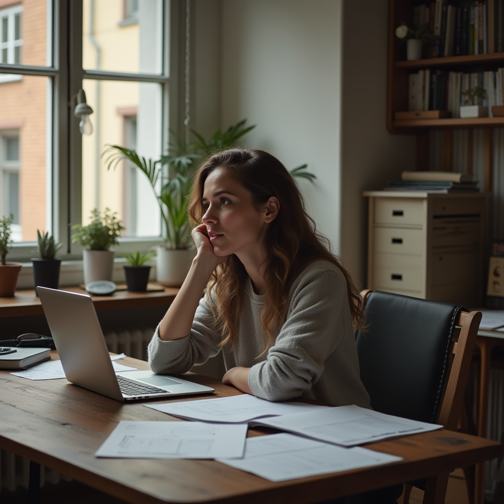 A person deep in thought while working at a desk with a laptop and papers.