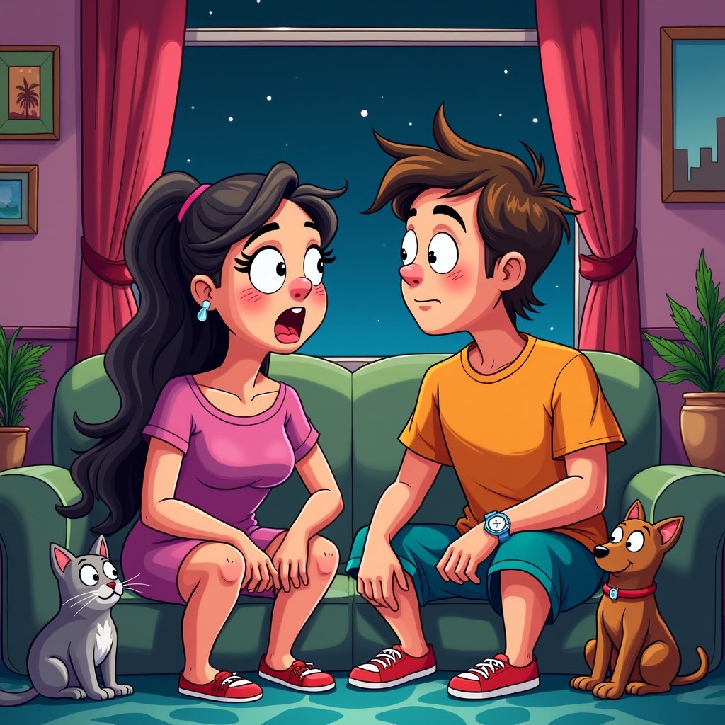 Animated series showcasing a creative couple navigating life's absurdities. They desire to stay at home. Accompanied by their five cats and two dachshunds. Emphasizes dark humor.