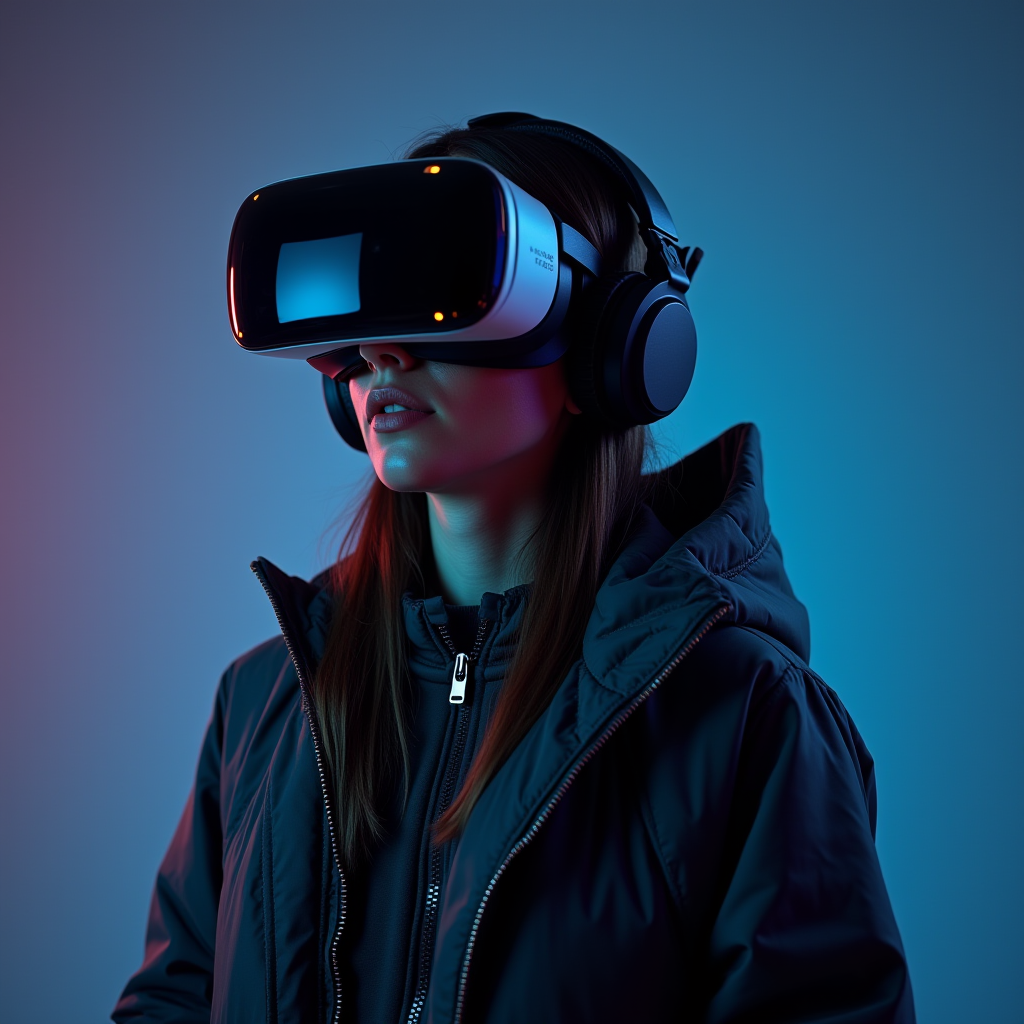 A person experiencing virtual reality through a VR headset, surrounded by a cool-toned atmosphere.