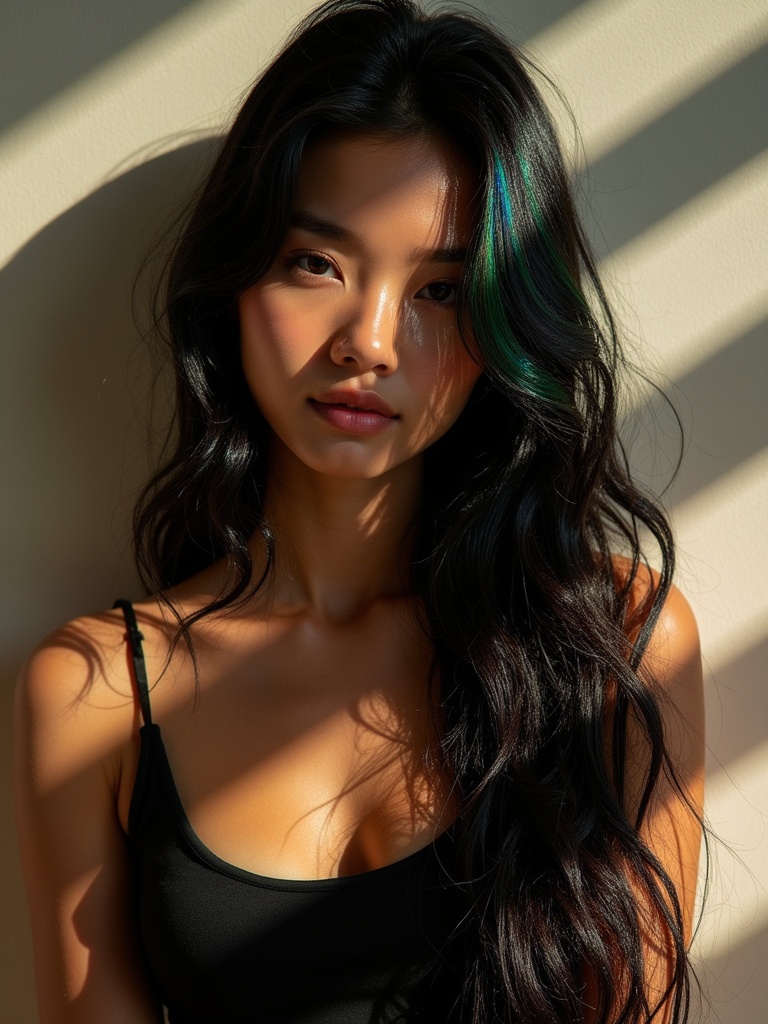 Stunning girl with long iridescent black hair. Wearing a black tank top. Sunlight passing through hair creates an abstract high contrast background.