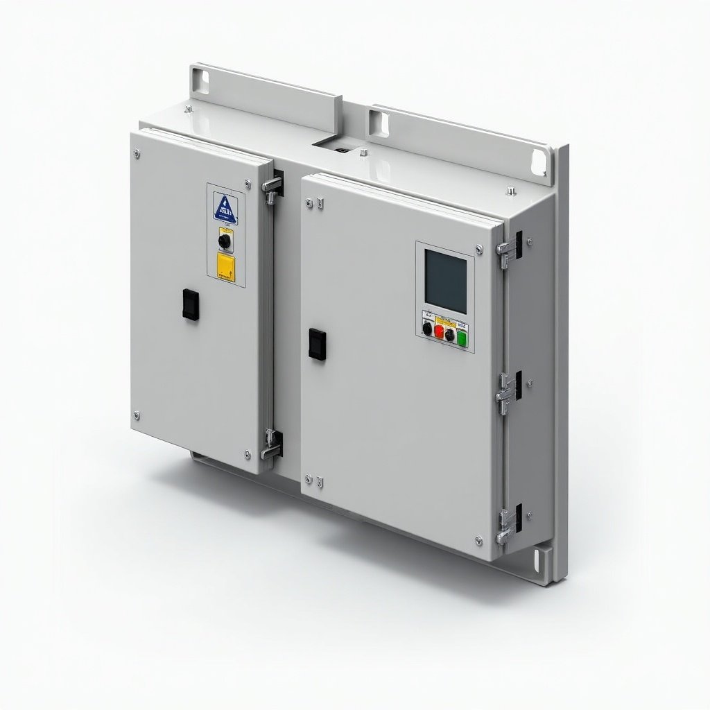 PLC control panel housing design for industrial applications. 3D model shows front view, features door and controls. Placement for DIN rails and trunking indicated. Suitable for wall mounting.