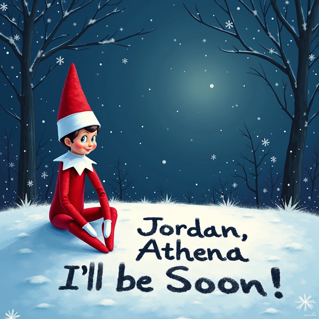 Create a snowy nighttime scene featuring an Elf on the Shelf. The elf is dressed in traditional red and white clothing and is sitting cross-legged in the snow. The snow should have the names 'Jordan' and 'Athena' written in it, along with the message 'I’ll be back soon!' The background should feature a starry night sky with a glowing moon, and snowflakes gently falling from above. Add surrounding trees to frame the scene, enhancing the festive atmosphere.