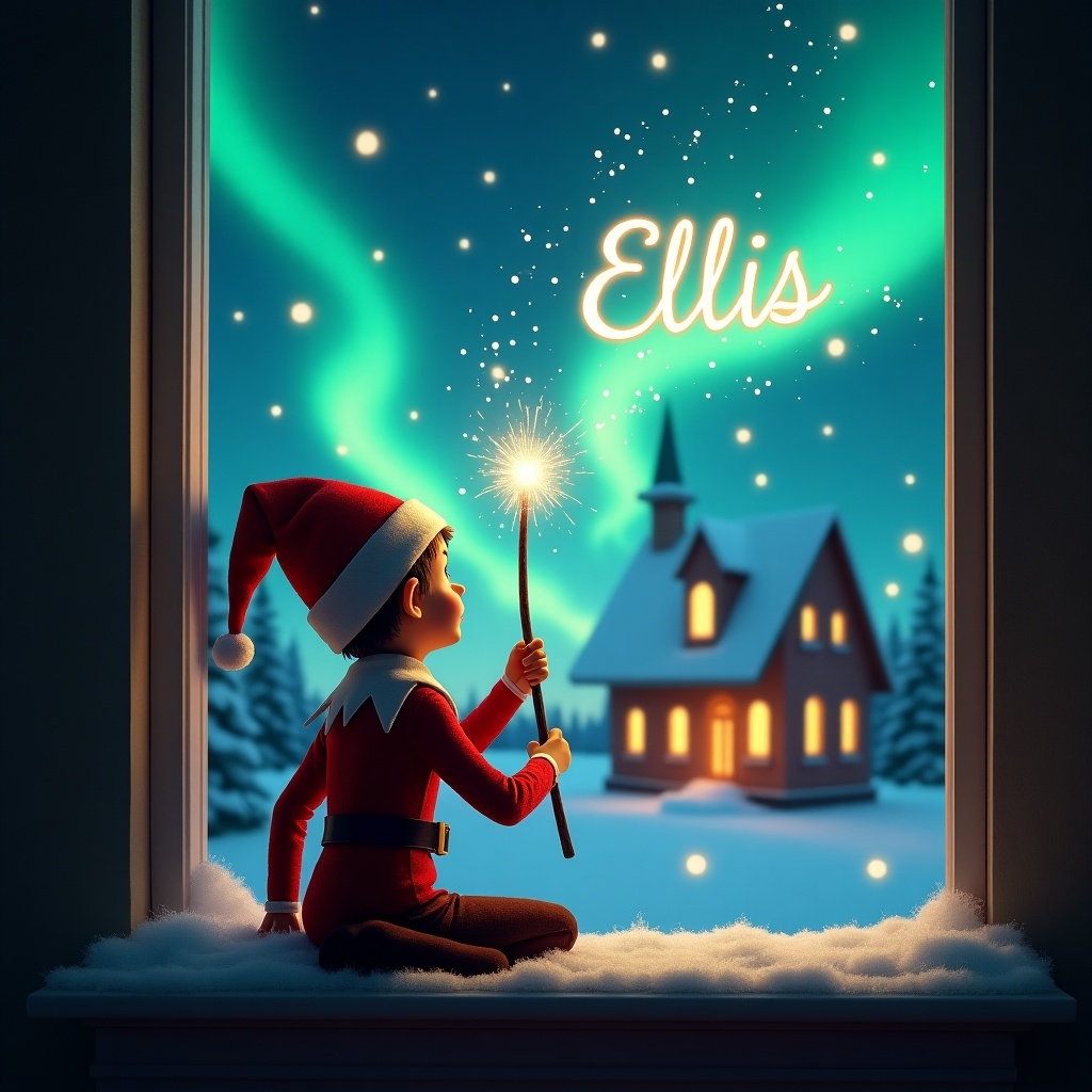 The image depicts an enchanting Christmas scene with an elf on the shelf. The elf, sitting on the window sill, has his back to the viewer and is gazing up at a starry sky. He holds a sparkling magical wand, writing ‘Ellis’ in the night sky. The background features beautiful, vibrant northern lights that create a whimsical and festive ambiance. A cozy house with warm light adds to the holiday spirit, and snow gently accumulates on the window sill, enhancing the winter wonderland feel.