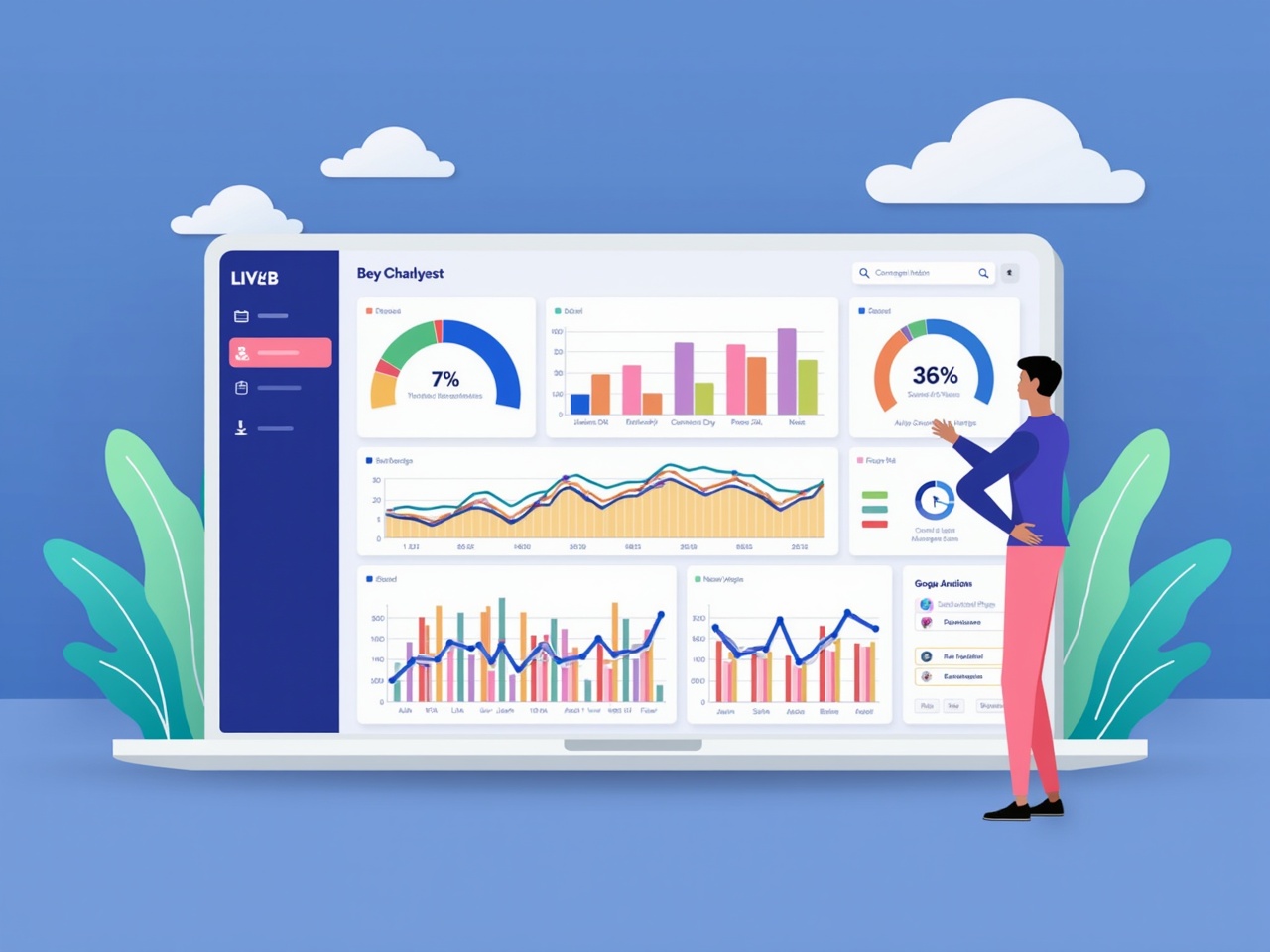 This image features a colorful and interactive business analytics dashboard. The dashboard includes various charts and graphs for financial analysis. A person is standing next to the dashboard, engaging with the data displayed. The background is bright blue with stylized leafy elements. The charts show different metrics and statistics, making it visually appealing and informative. This setup is perfect for presentations or marketing materials.