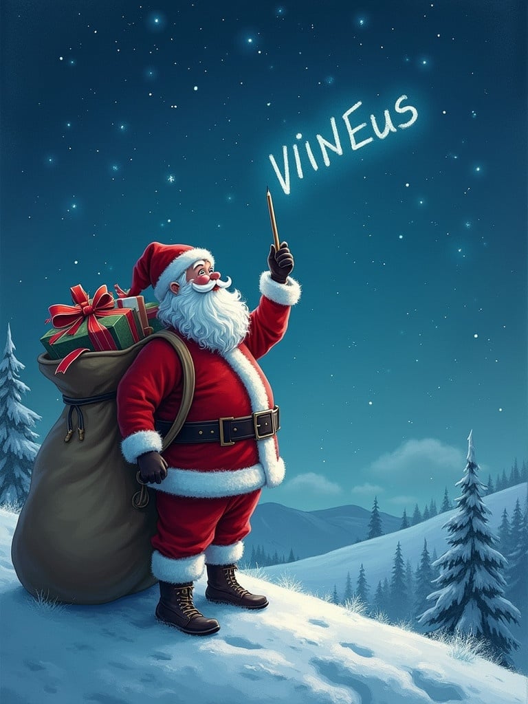 Santa Claus dressed in red and white stands on a snowy hill. He holds a pencil writing vinnes in the starry night sky. He has a large sacks filled with gifts next to him. Snow-covered trees fill the background.