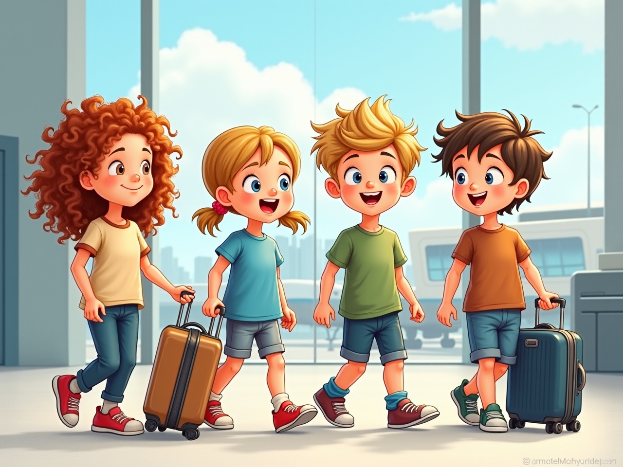 Four animated children with suitcases happily walking through an airport.