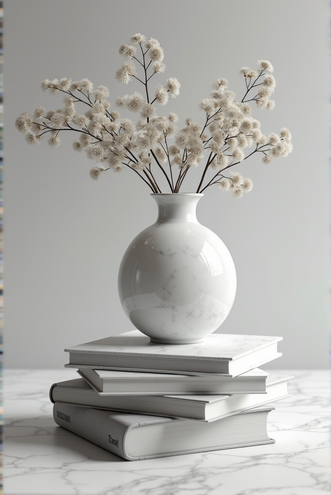 A white vase with delicate white flowers sits on a stack of books.