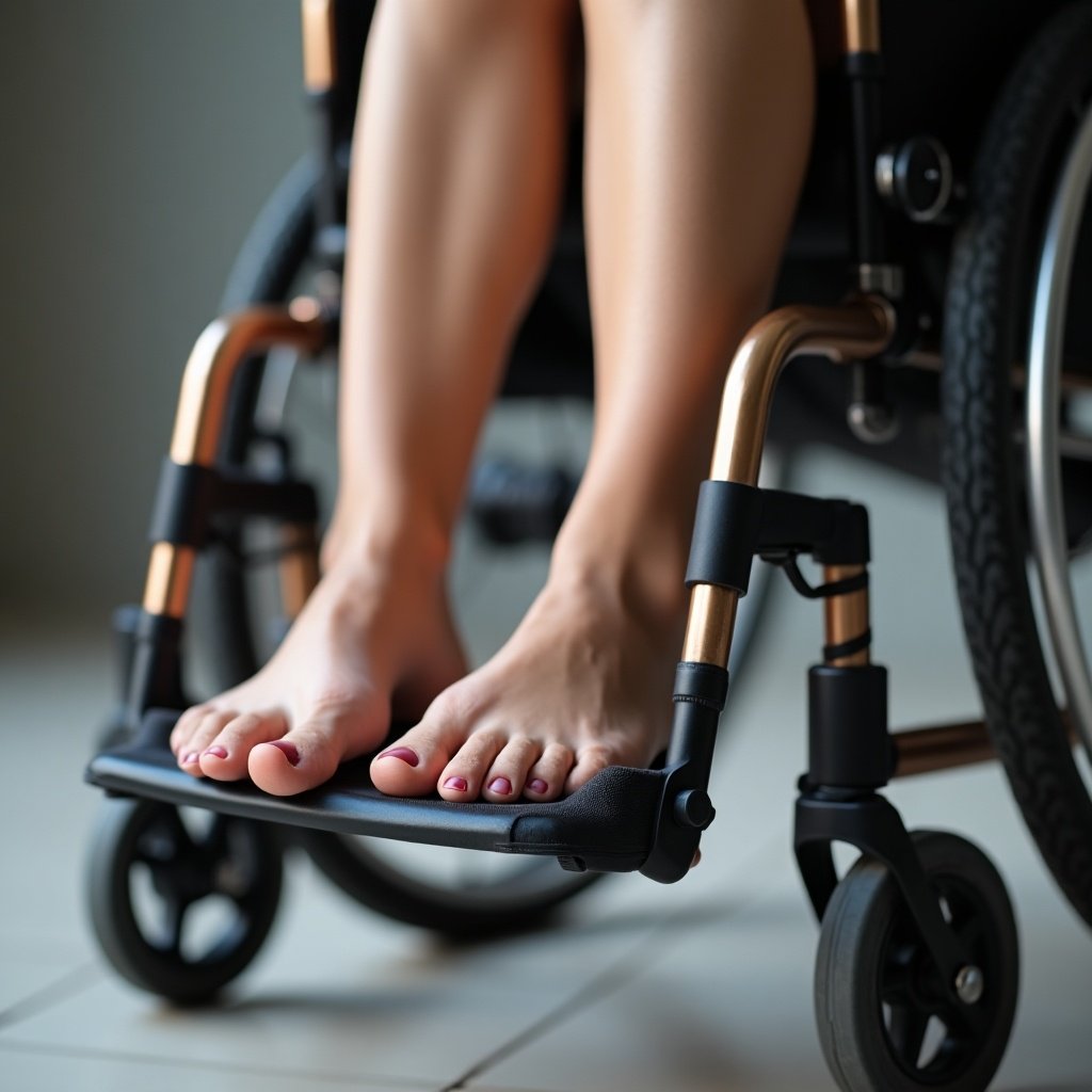 Woman in a sport wheelchair. Feet are bare on footrest. High resolution of feet in pantyhose.