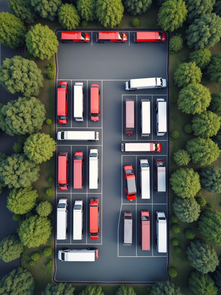 Aerial view of a parking lot designed for semi trucks. Lot size is 1.5 acres. Parking spaces are 15 feet wide and 55 feet long. Lot accommodates a 40-foot turning radius. Multiple rows of parked semi trucks arranged systematically.