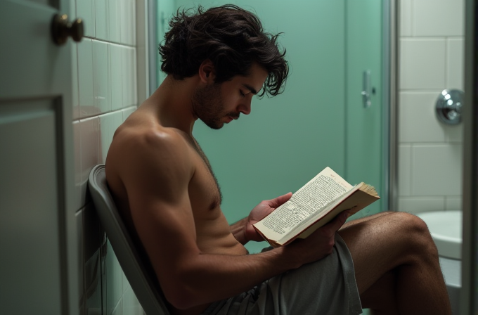 A shirtless man with dark hair sits on a chair in a minimalist bathroom, intently reading a book.