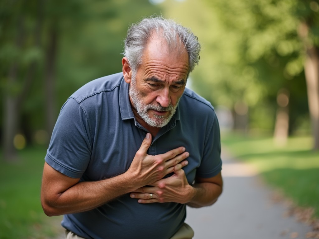 An elderly man clutching his chest is depicted in a moment of distress, suggesting a possible health issue such as a heart attack. The scene is set in a lush green park, with a blurred background of trees and a walking path, highlighting the intensity of his experience. His expression and body language evoke a sense of urgency and concern.