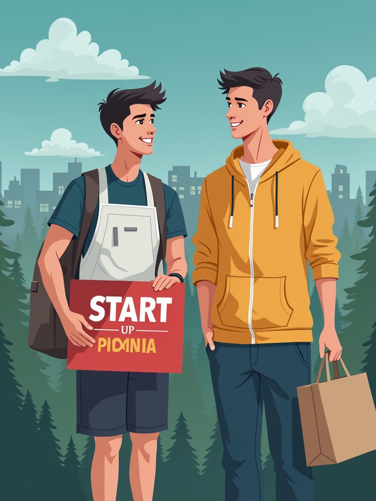 Two young adults stand together outdoors. One holds a sign that reads START UP ROMANIA. They wear casual clothing. The background features trees and a city skyline. The focus is on youth entrepreneurship and startup culture.