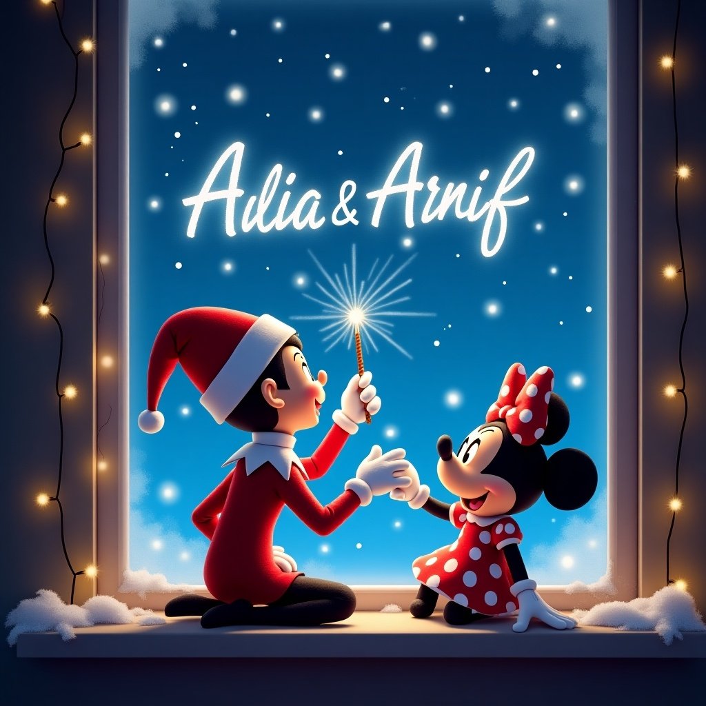 Elf on the shelf sits on a windowsill facing away. Elf uses a wand to write in the sky. Minnie Mouse next to the elf has a joyful expression. Window frame has glowing lights. Snowflakes fall outside.