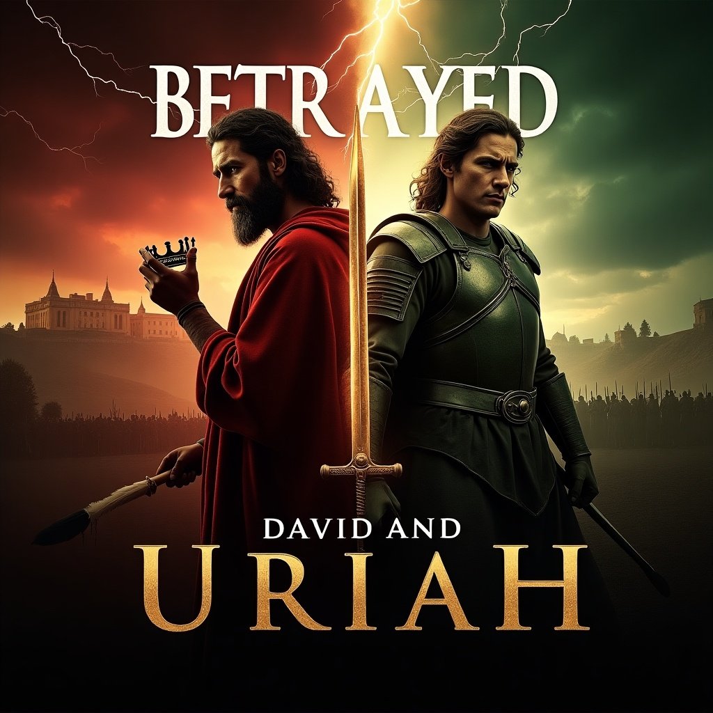 Thumbnail for a biblical video titled 'David and Uriah'. Vibrant and contrasting colors, with a background of a dark composition. Include King David on the left, showing remorse while holding a crown, with a melancholic Uriah on the right in worn armor. Text at the top should say 'BETRAYED'. Elements like blood on a parchment and a battlefield setting enhance the drama.