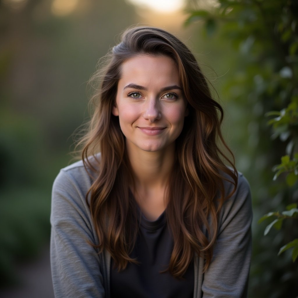 Woman smiling in an outdoor setting. Long hair and casual clothing. Soft, natural light. Green background with foliage.