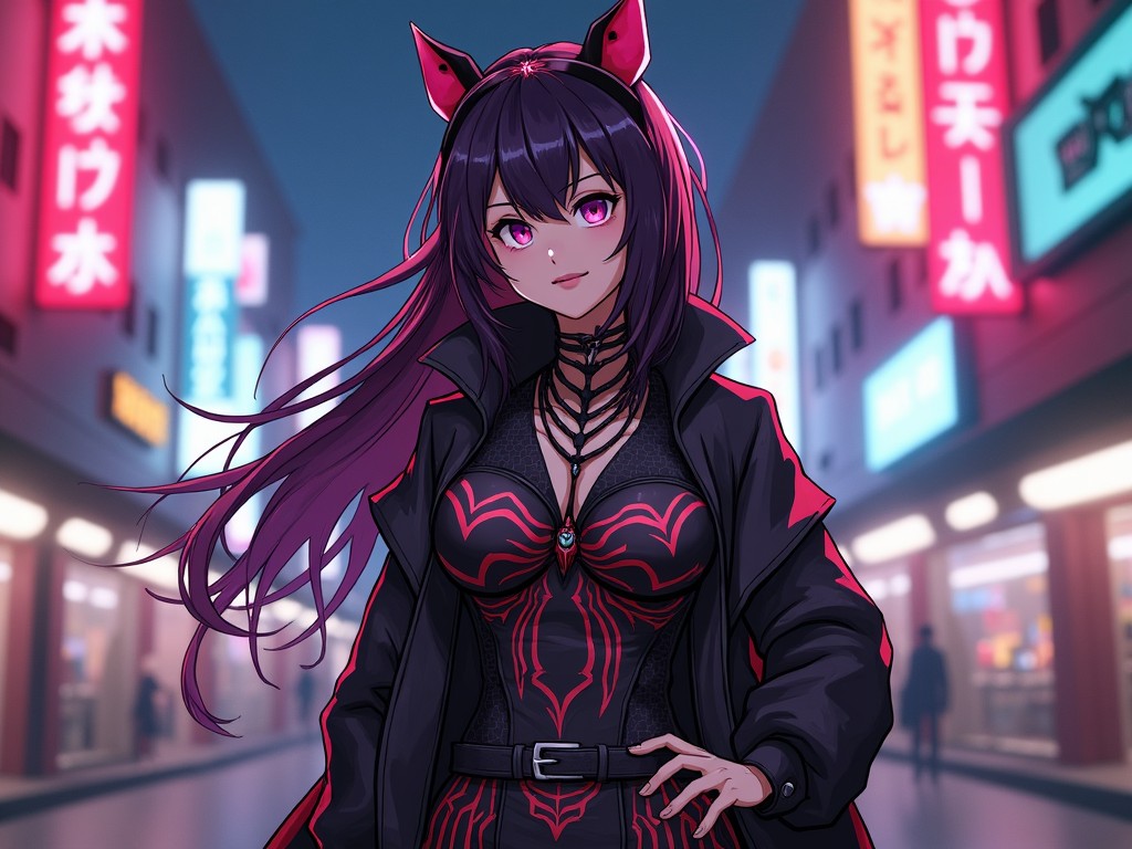 Anime-style girl with cat ears, dressed in black and red, standing in a neon-lit street, with a confident expression.