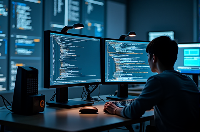 A focused programmer works at a desk with two large monitors displaying code, surrounded by a softly lit, technology-filled workspace.