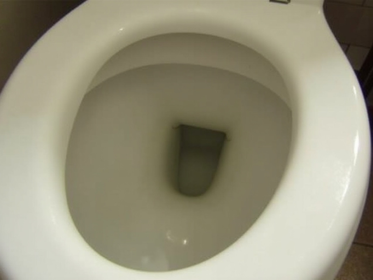 This image features a close-up view of a white toilet bowl seen from above. The porcelain surface appears smooth and clean, with a subtle sheen that reflects the ambient lighting. The picture captures the toilet's oval shape and central drain opening, presenting a minimalistic and utilitarian object within a domestic or public restroom setting.