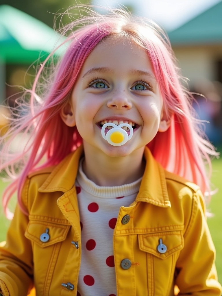 Six year old girl with long pink hair and emerald green eyes. Wearing a yellow denim jacket. Smiling in the park with a pacifier. Appears playful and happy.