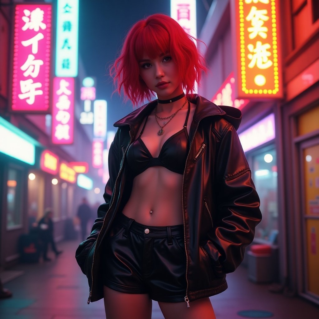 Arcane character with short red hair wears a stylish outfit. Surrounding neon signs create an urban environment at night. Mood is electric and vibrant.