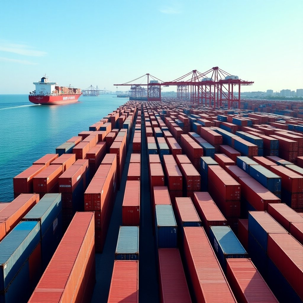 A vast array of red and blue shipping containers neatly stacked and aligned at a bustling port. The port is lined with the ocean on one side, showcasing the shipping industry in action. A big cargo ship is seen moving in the background, while cranes stand tall ready to load and unload containers. The scene is set against a clear blue sky, emphasizing the efficiency and scale of maritime trade. This image highlights the importance of logistics in global commerce.