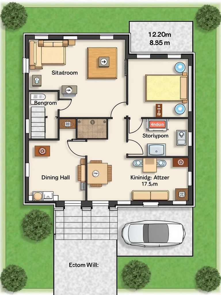 Detailed top-down layout of a traditional Kerala house shown. Overall dimensions 12.20m by 8.55m and 15.80m by 8.55m. The design includes three bedrooms with bathrooms. Incorporates a sit-out area, living room, kitchen with storeroom, dining hall, staircase leading upstairs, and designated car parking.