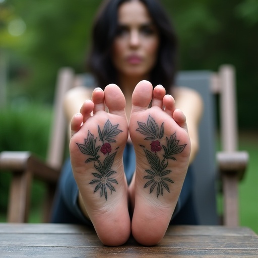 Mature goth woman sits on lawn chair with crossed bare feet showing tattooed soles. She is outdoors in a garden with a table. The focus is on her feet and floral tattoos.