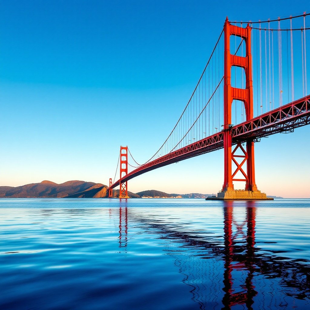 Scenic view of Golden Gate Bridge stretching over tranquil water under clear blue sky. Red suspension bridge stands out against blue backdrop. Calm water reflects bridge and sky. Morning atmosphere enhances beauty and clarity.